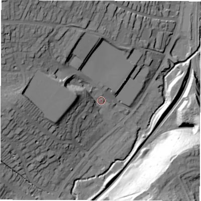 Shaded relief map of the ground around S173LJ, computed from Environment Agency LiDAR. The ground here sits at about 130 m above sea level and falls 57 m across the surrounding 800 m. Surface water reaching this point runs off ground lying to the north-west, 34.4 m higher.