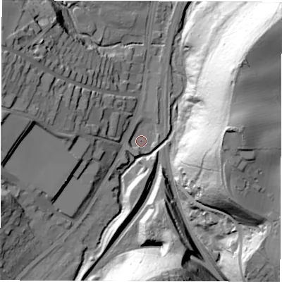 Shaded relief map of the ground around S173LQ, computed from Environment Agency LiDAR. The ground here sits at about 119 m above sea level and falls 76 m across the surrounding 800 m. Surface water reaching this point runs off ground lying to the south-south-west, 4.5 m higher.