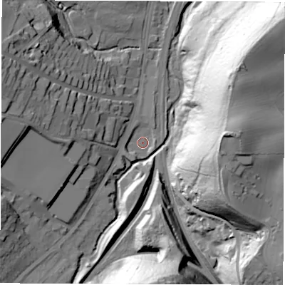 Shaded relief map of the ground around S173LR, computed from Environment Agency LiDAR. The ground here sits at about 119 m above sea level and falls 77 m across the surrounding 800 m. Surface water reaching this point runs off ground lying to the west, 27.2 m higher.