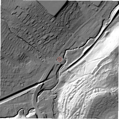 Shaded relief map of the ground around S173LS, computed from Environment Agency LiDAR. The ground here sits at about 128 m above sea level and falls 78 m across the surrounding 800 m. Surface water reaching this point runs off ground lying to the north-west, 32.5 m higher.