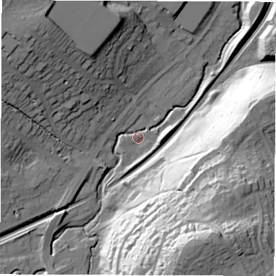 Shaded relief map of the ground around S173LU, computed from Environment Agency LiDAR. The ground here sits at about 127 m above sea level and falls 78 m across the surrounding 800 m. Surface water reaching this point runs off ground lying to the south-south-east, 72.7 m higher.