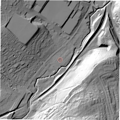 Shaded relief map of the ground around S173LW, computed from Environment Agency LiDAR. The ground here sits at about 126 m above sea level and falls 73 m across the surrounding 800 m. Surface water reaching this point runs off ground lying to the south-west, 0.8 m higher.