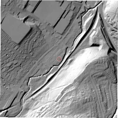 Shaded relief map of the ground around S173LX, computed from Environment Agency LiDAR. The ground here sits at about 126 m above sea level and falls 72 m across the surrounding 800 m. Surface water reaching this point runs off ground lying to the south, 54.9 m higher.