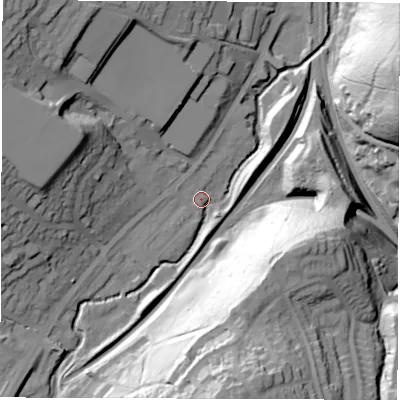 Shaded relief map of the ground around S173LY, computed from Environment Agency LiDAR. The ground here sits at about 126 m above sea level and falls 66 m across the surrounding 800 m. Surface water reaching this point runs off ground lying to the west, 22.9 m higher.