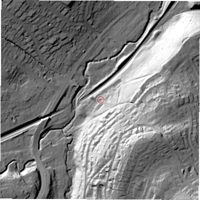 Shaded relief map of the ground around S173LZ, computed from Environment Agency LiDAR. The ground here sits at about 135 m above sea level and falls 84 m across the surrounding 800 m. Surface water reaching this point runs off ground lying to the south-east, 64.3 m higher.