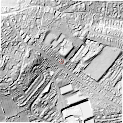 Shaded relief map of the ground around S173QP, computed from Environment Agency LiDAR. The ground here sits at about 182 m above sea level and falls 69 m across the surrounding 800 m. Surface water reaching this point runs off ground lying to the north-west, 20.0 m higher.