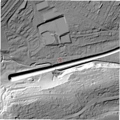 Shaded relief map of the ground around S173QW, computed from Environment Agency LiDAR. The ground here sits at about 147 m above sea level and falls 62 m across the surrounding 800 m. Surface water reaching this point runs off ground lying to the north-north-west, 28.6 m higher.