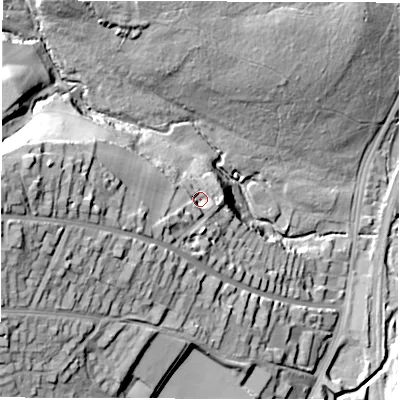 Shaded relief map of the ground around S173RA, computed from Environment Agency LiDAR. The ground here sits at about 137 m above sea level and falls 57 m across the surrounding 800 m. Surface water reaching this point runs off ground lying to the west-south-west, 16.7 m higher.