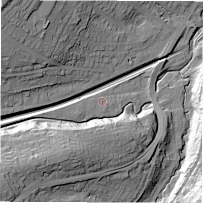 Shaded relief map of the ground around S174DJ, computed from Environment Agency LiDAR. The ground here sits at about 137 m above sea level and falls 52 m across the surrounding 800 m. Surface water reaching this point runs off ground lying to the west, 4.3 m higher.