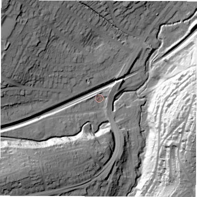 Shaded relief map of the ground around S174DN, computed from Environment Agency LiDAR. The ground here sits at about 133 m above sea level and falls 69 m across the surrounding 800 m. Surface water reaching this point runs off ground lying to the south-west, 38.8 m higher.