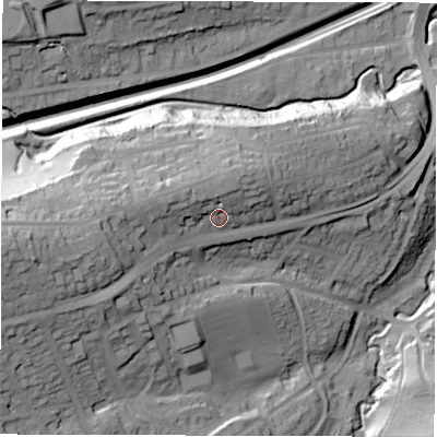Shaded relief map of the ground around S174DR, computed from Environment Agency LiDAR. The ground here sits at about 164 m above sea level and falls 56 m across the surrounding 800 m. Surface water reaching this point runs off ground lying to the west-north-west, 7.9 m higher.