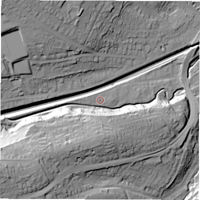 Shaded relief map of the ground around S174ED, computed from Environment Agency LiDAR. The ground here sits at about 140 m above sea level and falls 56 m across the surrounding 800 m. Surface water reaching this point runs off ground lying to the west, 1.4 m higher.