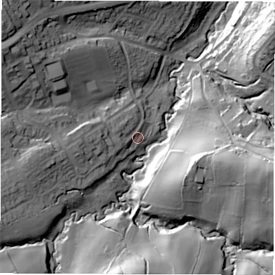 Shaded relief map of the ground around S174GA, computed from Environment Agency LiDAR. The ground here sits at about 146 m above sea level and falls 48 m across the surrounding 800 m. Surface water reaching this point runs off ground lying to the west, 11.3 m higher.