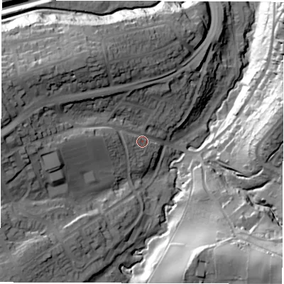 Shaded relief map of the ground around S174HD, computed from Environment Agency LiDAR. The ground here sits at about 149 m above sea level and falls 52 m across the surrounding 800 m. Surface water reaching this point runs off ground lying to the west, 12.9 m higher.