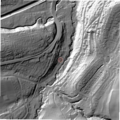 Shaded relief map of the ground around S174HF, computed from Environment Agency LiDAR. The ground here sits at about 138 m above sea level and falls 69 m across the surrounding 800 m. Surface water reaching this point runs off ground lying to the west-north-west, 9.7 m higher.