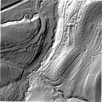 Shaded relief map of the ground around S174HP, computed from Environment Agency LiDAR. The ground here sits at about 137 m above sea level and falls 72 m across the surrounding 800 m. Surface water reaching this point runs off ground lying to the east-south-east, 66.7 m higher.