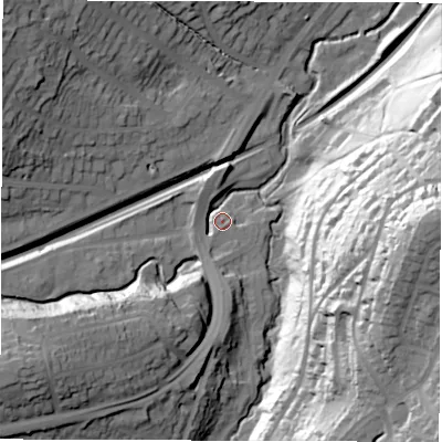 Shaded relief map of the ground around S174HQ, computed from Environment Agency LiDAR. The ground here sits at about 133 m above sea level and falls 74 m across the surrounding 800 m. Surface water reaching this point runs off ground lying to the south-west, 39.1 m higher.