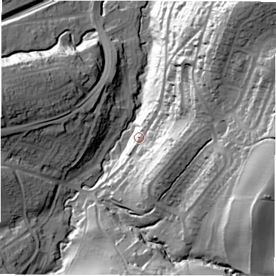 Shaded relief map of the ground around S174HT, computed from Environment Agency LiDAR. The ground here sits at about 147 m above sea level and falls 74 m across the surrounding 800 m. Surface water reaching this point runs off ground lying to the east, 26.2 m higher.