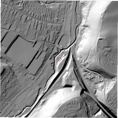 Shaded relief map of the ground around S174QD, computed from Environment Agency LiDAR. The ground here sits at about 121 m above sea level and falls 73 m across the surrounding 800 m. Surface water reaching this point runs off ground lying to the south-south-east, 12.7 m higher.