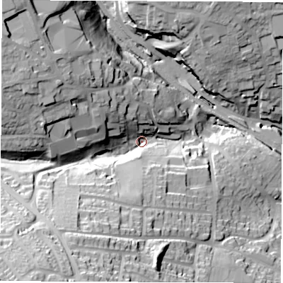 Shaded relief map of the ground around S181QD, computed from Environment Agency LiDAR. The ground here sits at about 134 m above sea level and falls 69 m across the surrounding 800 m. Surface water reaching this point runs off ground lying to the south-west, 55.7 m higher.