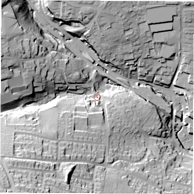 Shaded relief map of the ground around S181SB, computed from Environment Agency LiDAR. The ground here sits at about 133 m above sea level and falls 69 m across the surrounding 800 m. Surface water reaching this point runs off ground lying to the south-west, 46.5 m higher.