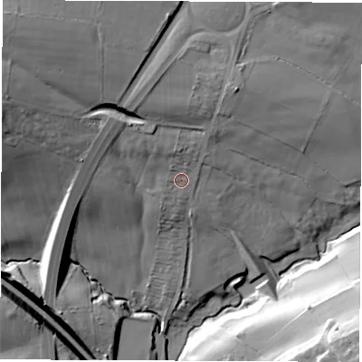 Shaded relief map of the ground around S182GB, computed from Environment Agency LiDAR. The ground here sits at about 156 m above sea level and falls 43 m across the surrounding 800 m. Surface water reaching this point runs off ground lying to the north-west, 24.9 m higher.