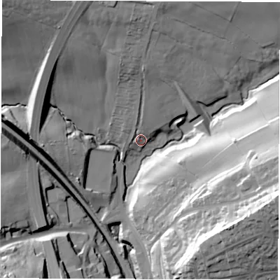 Shaded relief map of the ground around S182GD, computed from Environment Agency LiDAR. The ground here sits at about 143 m above sea level and falls 54 m across the surrounding 800 m. Surface water reaching this point runs off ground lying to the north-west, 36.2 m higher.