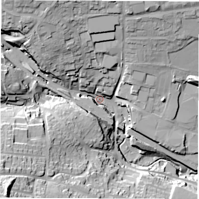Shaded relief map of the ground around S182XB, computed from Environment Agency LiDAR. The ground here sits at about 122 m above sea level and falls 59 m across the surrounding 800 m. Surface water reaching this point runs off ground lying to the west-south-west, 37.2 m higher.
