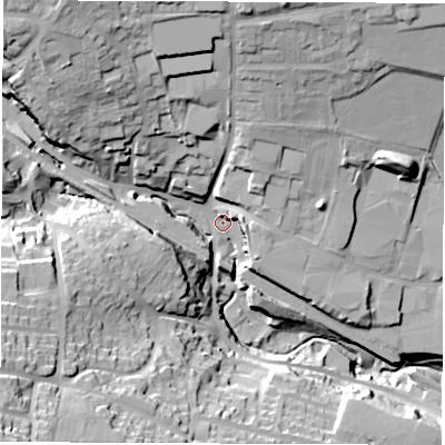 Shaded relief map of the ground around S182XD, computed from Environment Agency LiDAR. The ground here sits at about 121 m above sea level and falls 54 m across the surrounding 800 m. Surface water reaching this point runs off ground lying to the north, 24.8 m higher.