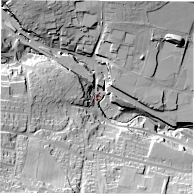 Shaded relief map of the ground around S182XE, computed from Environment Agency LiDAR. The ground here sits at about 121 m above sea level and falls 67 m across the surrounding 800 m. Surface water reaching this point runs off ground lying to the west, 32.0 m higher.