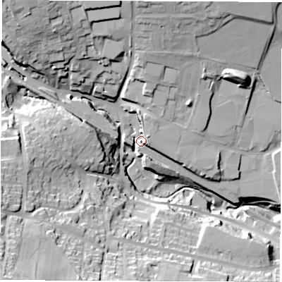 Shaded relief map of the ground around S182XL, computed from Environment Agency LiDAR. The ground here sits at about 125 m above sea level and falls 58 m across the surrounding 800 m. Surface water reaching this point runs off ground lying to the north-west, 29.0 m higher.