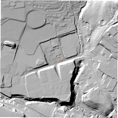 Shaded relief map of the ground around S182XR, computed from Environment Agency LiDAR. The ground here sits at about 118 m above sea level and falls 69 m across the surrounding 800 m. Surface water reaching this point runs off ground lying to the north-west, 28.3 m higher.