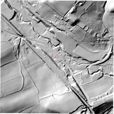 Shaded relief map of the ground around S184AB, computed from Environment Agency LiDAR. The ground here sits at about 98 m above sea level and falls 70 m across the surrounding 800 m. Surface water reaching this point runs off ground lying to the west-south-west, 11.9 m higher.