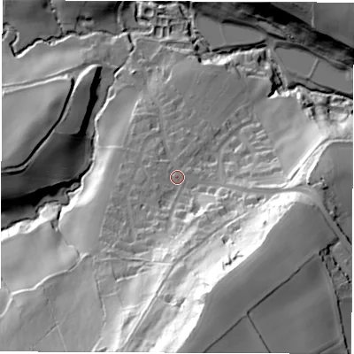 Shaded relief map of the ground around S187SL, computed from Environment Agency LiDAR. The ground here sits at about 125 m above sea level and falls 83 m across the surrounding 800 m. Surface water reaching this point runs off ground lying to the south-south-east, 53.9 m higher.