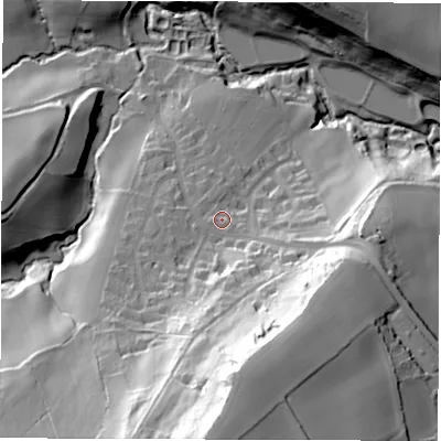 Shaded relief map of the ground around S187SN, computed from Environment Agency LiDAR. The ground here sits at about 124 m above sea level and falls 82 m across the surrounding 800 m. Surface water reaching this point runs off ground lying to the south, 53.0 m higher.