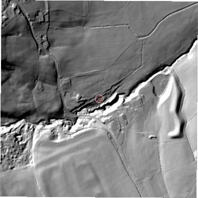Shaded relief map of the ground around S187TB, computed from Environment Agency LiDAR. The ground here sits at about 113 m above sea level and falls 63 m across the surrounding 800 m. Surface water reaching this point runs off ground lying to the west-north-west, 9.4 m higher.
