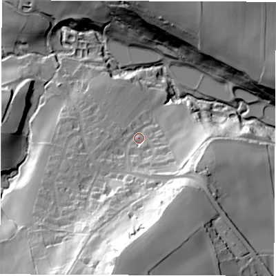 Shaded relief map of the ground around S187TP, computed from Environment Agency LiDAR. The ground here sits at about 120 m above sea level and falls 77 m across the surrounding 800 m. Surface water reaching this point runs off ground lying to the south, 60.0 m higher.