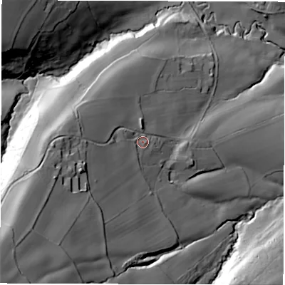 Shaded relief map of the ground around S187WF, computed from Environment Agency LiDAR. The ground here sits at about 177 m above sea level and falls 90 m across the surrounding 800 m. Surface water reaching this point runs off ground lying to the west-south-west, 40.6 m higher.