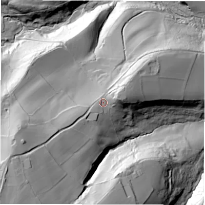 Shaded relief map of the ground around S187WG, computed from Environment Agency LiDAR. The ground here sits at about 218 m above sea level and falls 108 m across the surrounding 800 m. Surface water reaching this point runs off ground lying to the south-west, 51.4 m higher.
