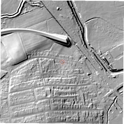 Shaded relief map of the ground around S201AA, computed from Environment Agency LiDAR. The ground here sits at about 37 m above sea level and falls 36 m across the surrounding 800 m. Surface water reaching this point runs off ground lying to the south-west, 30.6 m higher.