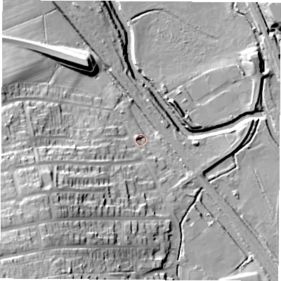 Shaded relief map of the ground around S201AE, computed from Environment Agency LiDAR. The ground here sits at about 34 m above sea level and falls 38 m across the surrounding 800 m. Surface water reaching this point runs off ground lying to the south-west, 34.0 m higher.