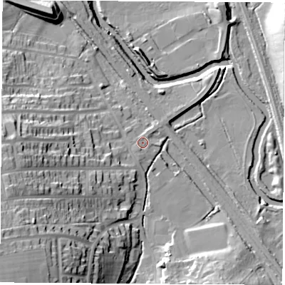 Shaded relief map of the ground around S201AG, computed from Environment Agency LiDAR. The ground here sits at about 36 m above sea level and falls 38 m across the surrounding 800 m. Surface water reaching this point runs off ground lying to the south-west, 34.9 m higher.