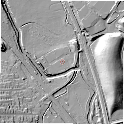 Shaded relief map of the ground around S201AH, computed from Environment Agency LiDAR. The ground here sits at about 35 m above sea level and falls 26 m across the surrounding 800 m. Surface water reaching this point runs off ground lying to the north-east, 7.4 m higher.