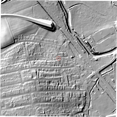 Shaded relief map of the ground around S201DF, computed from Environment Agency LiDAR. The ground here sits at about 39 m above sea level and falls 38 m across the surrounding 800 m. Surface water reaching this point runs off ground lying to the south-west, 7.8 m higher.