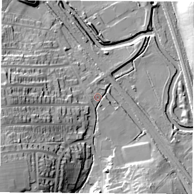 Shaded relief map of the ground around S201ED, computed from Environment Agency LiDAR. The ground here sits at about 36 m above sea level and falls 37 m across the surrounding 800 m. Surface water reaching this point runs off ground lying to the south-west, 34.0 m higher.