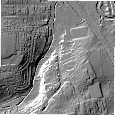 Shaded relief map of the ground around S201EE, computed from Environment Agency LiDAR. The ground here sits at about 47 m above sea level and falls 37 m across the surrounding 800 m. Surface water reaching this point runs off ground lying to the south, 26.2 m higher.