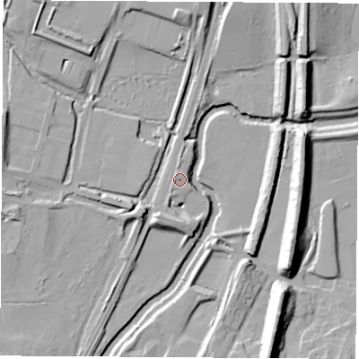 Shaded relief map of the ground around S203AD, computed from Environment Agency LiDAR. The ground here sits at about 43 m above sea level and falls 21 m across the surrounding 800 m. Surface water reaching this point runs off ground lying to the south-west, 7.7 m higher.