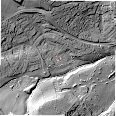 Shaded relief map of the ground around S206TB, computed from Environment Agency LiDAR. The ground here sits at about 91 m above sea level and falls 57 m across the surrounding 800 m. Surface water reaching this point runs off ground lying to the west, 9.3 m higher.