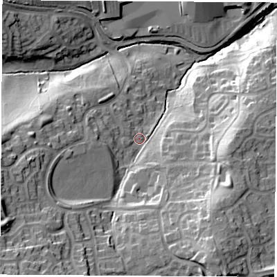 Shaded relief map of the ground around S207HG, computed from Environment Agency LiDAR. The ground here sits at about 62 m above sea level and falls 39 m across the surrounding 800 m. Surface water reaching this point runs off ground lying to the south-west, 25.4 m higher.