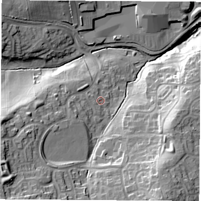 Shaded relief map of the ground around S207HN, computed from Environment Agency LiDAR. The ground here sits at about 62 m above sea level and falls 37 m across the surrounding 800 m. Surface water reaching this point runs off ground lying to the west-south-west, 7.9 m higher.